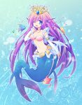  1girl ;d animal animal_costume blue_background blue_eyes breasts bridal_gauntlets choker cleavage coral elbow_gloves fish fish_tail frills gloves hair_ornament head_fins houjou_rui jewelry long_hair mermaid midriff monster_girl musical_note navel one_eye_closed open_mouth purple_hair puzzle_&amp;_dragons shell shell_bikini singing siren_(p&amp;d) smile solo tiara underwater white_gloves 