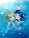  absurdres ayase_eli bare_shoulders blonde_hair blue_eyes blue_hair dress earrings flower gloves highres holding_hands jewelry lilylion26 love_live!_school_idol_project sonoda_umi underwater yellow_eyes 