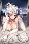  1girl bare_shoulders black_hair blush bouquet breasts cleavage dress elbow_gloves flower gloves highres jewelry large_breasts looking_at_viewer necklace original pearl_necklace petals rheez smile solo wedding_dress white_gloves 