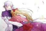  1boy 1girl bow closed_eyes dress formal hair_over_one_eye hug long_hair loose_clothes pandora_hearts ponytail ribbon sharon_rainsworth short_hair silver_hair smile spoilers tears tknsh_(takanashi_10) vest xerxes_break 