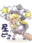  1girl blonde_hair bow braid clenched_teeth dazed hair_bow hand_on_head hat hat_bow headache kirisame_marisa long_hair one_eye_closed shinapuu simple_background solo star touhou translation_request white_background witch_hat yellow_eyes 