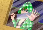  1girl black_eyes bra butcher_knife crazy_eyes creeper green_hair hand_on_window hooded_jacket looking_at_viewer minecraft night open_clothes open_jacket personification sarubiarisu solo underwear yandere 