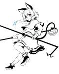 1girl animal_ears capelet dowsing_rod dress gem gomi_(gomitin) jewelry light_smile long_sleeves looking_at_viewer monochrome mouse mouse_ears mouse_tail nazrin necklace pendant pink_eyes solo spot_color tail touhou