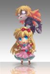  blonde_hair blue_eyes blush_stickers boots bow braid castlevania castlevania:_rondo_of_blood character_request chibi dress eyelashes hair_bow long_hair looking_at_viewer maria_renard open_mouth reflection smile spiked_knuckles standing stupa13a tagme triangle_mouth twin_braids 