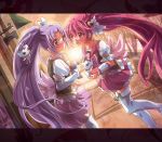  2girls aino_megumi blush boots cure_fortune cure_lovely gurasan_(happinesscharge_precure!) hair_ornament happinesscharge_precure! heart_hair_ornament highres hikawa_iona inoshishi_(ikatomo) letterboxed long_hair magical_girl multiple_girls pink_eyes pink_hair pink_skirt ponytail precure purple_hair purple_skirt ribbon_(happinesscharge_precure!) skirt thigh-highs thigh_boots violet_eyes white_legwear 