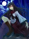  1girl animal_ears bamboo bamboo_forest boots breasts brown_hair dress fingernails forest full_moon glowing glowing_eyes imaizumi_kagerou jewelry legs long_fingernails long_hair long_sleeves looking_at_viewer moon nature night red_eyes redscythe solo touhou wolf_ears 