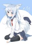  1girl ahoge animal_ears artist_request black_legwear blue_eyes hat_removed hibiki_(kantai_collection) kantai_collection personification skirt solo tail thighhighs white_hair wolf_ears wolf_tail 