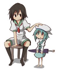  2girls :o barefoot black_eyes black_hair blue_eyes blue_hair chair hat height_difference heterochromia karakasa_obake kneehighs kumo_(atm) long_sleeves looking_at_another lowres multiple_girls murasa_minamitsu petite puffy_long_sleeves puffy_short_sleeves puffy_sleeves red_eyes school_uniform serafuku short_hair short_sleeves shorts sitting skirt skirt_set socks stool tatara_kogasa touhou umbrella 