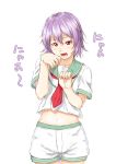  1girl female highres kantai_collection niwatazumi purple_hair school_uniform short_hair shorts solo tama_(kantai_collection) translation_request 