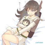  1girl bangs black_hair blunt_bangs braid brown_eyes brown_hair character_doll kantai_collection kitakami_(kantai_collection) long_hair lying midriff on_bed ooi_(kantai_collection) personification school_uniform serafuku skirt smile sts 