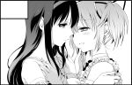  2girls akemi_homura arm_garter black_hair blush chin_grab eye_contact hair_ribbon hairband hand_on_another&#039;s_chin incipient_kiss kaname_madoka long_hair looking_at_another mahou_shoujo_madoka_magica monochrome multiple_girls open_eyes parted_lips playing_with_another&#039;s_hair ribbon short_hair short_twintails simple_background smile twintails white_background yamada_ako yuri 