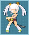  1girl alice_vysochina bangs belt blunt_bangs blush_stickers chibi clover eyepatch four-leaf_clover grey_eyes long_hair lowres original shoes shorts sneakers socks solo sword tank_top twintails weapon white_hair 