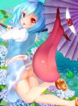  1girl ass blue_hair flower frog geta hetero highres hydrangea juliet_sleeves karakasa_obake long_sleeves looking_at_viewer looking_back puffy_sleeves rain shiron_(e1na1e2lu2ne3ru3) shirt skirt skirt_set solo tatara_kogasa tongue tongue_out touhou umbrella upskirt vest 