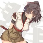  brown_eyes brown_hair cannon hair_ribbon ise_(kantai_collection) japanese_clothes kantai_collection katana personification ponytail radar ribbon short_hair silhouette smile sts sword turret weapon 