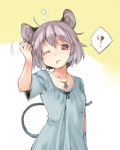  1girl ? ahoge akagashi_hagane animal_ears bow collarbone drooling grey_hair hand_on_head messy_hair motion_lines mouse_ears mouse_tail nazrin nightgown one_eye_closed open_mouth pink_eyes short_hair short_sleeves sleepy solo spoken_question_mark tail touhou 
