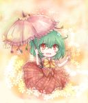  1girl bow child flower green_hair kazami_yuuka looking_at_viewer open_clothes open_shirt parasol puffy_short_sleeves puffy_sleeves red_eyes satorichan shirt short_sleeves skirt skirt_set smile solo touhou umbrella vest younger 