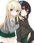  2girls :/ black_hair blonde_hair blue_eyes blush boku_wa_tomodachi_ga_sukunai breasts brown_eyes butterfly_hair_ornament cardigan cleavage collared_shirt hair_ornament highres kashiwazaki_sena knees_together_feet_apart kou_mashiro large_breasts long_hair long_sleeves looking_at_viewer mikazuki_yozora miniskirt multiple_girls necktie plaid plaid_skirt short_hair skirt small_breasts smile socks tareme thighhighs zettai_ryouiki 