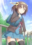  1girl bag brown_eyes brown_hair hair_ribbon hairband okosan_(pixiv) ribbon school_uniform serafuku short_hair suzumiya_haruhi suzumiya_haruhi_no_yuuutsu thigh-highs 