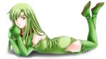  1girl arm_support boots breasts elbow_gloves fire_emblem fire_emblem:_mystery_of_the_emblem gloves green_eyes green_gloves green_hair green_legwear green_skirt headband highres long_hair lying nintendo on_stomach paola scarf side_slit skirt solo tamamon thigh-highs thigh_boots 