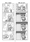  4koma animal_ears bowl cat_tail chen chen_(cat) chopsticks comic doujinshi food fox_ears fox_tail hat highres microwave mirror monochrome multiple_girls noodles onozuka_komachi ramen scan shiki_eiki tagawa_gengo tail touhou translation_request wet yakumo_ran 