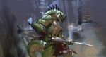  artist_name fundoshi green_skin lizardman manly monster_boy murayama_ryouta muscle scales solo sword weapon 