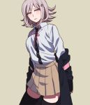  1girl backpack bag black_legwear blush dangan_ronpa flipped_hair hair_ornament hairclip hoodie nanami_chiaki okuragon pink_eyes pink_hair school_uniform skirt solo super_dangan_ronpa_2 thighhighs undressing zettai_ryouiki 