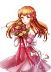  1girl bouquet bow brown_eyes brown_hair detached_sleeves dress expressionless flower gloves hair_flower hair_ornament long_hair moe_(450367098) original pink_dress solo white_background 