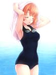  1girl closed_eyes highres komimiyako kurami_haruka orange_hair power_pro_kun_pocket_7 school_swimsuit short_hair standing swimsuit towel 