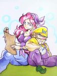  1boy 1girl back-to-back bandana bare_shoulders breasts captain_syrup cleavage crossed_legs drooling earrings facial_hair gloves height_difference jewelry light_smile long_hair map super_mario_bros. muscle mustache omu_(sinsindan) red_eyes redhead sitting sleeping sleeping_on_person sleeping_upright wario wario_land white_gloves wrist_ribbon 