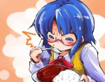  /\/\/\ 1girl @_@ blue_eyes blue_hair bow carrying ciel curry_rice eating glasses holding plate rimless_glasses school_uniform shinapuu short_hair simple_background solo spoon sweat tagme tsukihime two-tone_background 