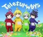  4girls :&gt; :3 annoyed bbc black_hair blake_belladonna blonde_hair blue_eyes color_connection color_joke cosplay dipsy dipsy_(cosplay) flag flower grey_eyes helpyourselfish holding_hands laa-laa laa-laa_(cosplay) multiple_girls parody pbs po po_(teletubby) po_(teletubby)_(cosplay) ragdoll_(company) redhead rooster_teeth ruby_rose rwby smile teletubbies tinky_winky tinky_winky_(cosplay) title_parody violet_eyes weiss_schnee white_hair yang_xiao_long yellow_eyes 