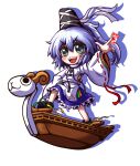  1girl boat chibi hat japanese_clothes kariginu kiki_fushigi lamb mononobe_no_futo open_mouth pentagram ponytail ribbon short_hair silver_hair simple_background skirt smile solo spell_card tate_eboshi touhou white_background 