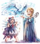  2girls arms_up barefoot bird blonde_hair blue_eyes blue_hair blush bow braid cape cirno clenched_hands crossover dress elsa_(frozen) frozen_(disney) hair_bow ice inari_(flandoll-scarlet-devil) long_sleeves looking_up multiple_girls open_mouth pointy_ears short_hair short_sleeves simple_background single_braid sparkle standing strapless_dress touhou white_background wings 