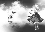  2girls alice_margatroid ascot capelet clouds cloudy_sky comic female grimoire_of_alice hat highres kirisame_marisa kozou_(soumuden) monochrome multiple_girls reflection running sash scan scan_artifacts sky touhou translation_request witch_hat 