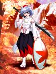  1girl animal_ears bare_shoulders breasts detached_sleeves fang geta hat highres inubashiri_momiji looking_at_viewer open_mouth over_shoulder pom_pom_(clothes) red_eyes shield short_hair silver_hair solo sword sword_over_shoulder tail tokin_hat touhou weapon weapon_over_shoulder wolf_ears wolf_tail 