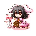  1girl animal_ears barefoot black_hair box carrot carrot_necklace chibi donation_box dress grin inaba_tewi kiki_fushigi looking_at_viewer pointing rabbit rabbit_ears red_eyes short_hair sign simple_background sitting smile solo tail touhou translation_request wariza white_background 