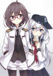  2girls anchor_symbol berukko blue_eyes blush brown_eyes brown_hair character_request food food_on_face glasses hair_ornament hairclip hands_in_pockets hat hibiki_(kantai_collection) ice_cream jpeg_artifacts kantai_collection long_hair long_sleeves military military_uniform multiple_girls necktie open_clothes open_jacket pantyhose pleated_skirt red-framed_glasses sailor_collar school_uniform serafuku short_hair shorts skirt soft_serve uniform vest white_hair 