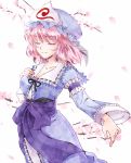  1girl ^_^ breasts cherry_blossoms cleavage closed_eyes hand_on_own_chest hat japanese_clothes light_smile long_sleeves natsuka_(kazamigusa06) pink_hair ribbon saigyouji_yuyuko short_hair smile solo touhou triangular_headpiece wide_sleeves 