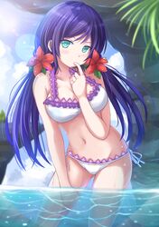  1girl bikini breasts feet_in_water flower hair_flower hair_ornament highres kazenokaze long_hair love_live!_school_idol_project purple_hair soaking_feet solo swimsuit toujou_nozomi twintails water 