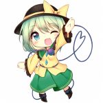  1girl arm_up blue_eyes bow chibi green_hair hat hat_bow heart heart_of_string komeiji_koishi long_sleeves looking_at_viewer one_eye_closed open_mouth shirt skirt smile solo third_eye topia touhou wide_sleeves 