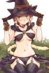  1girl animal_ears bikini black_legwear blonde_hair blush breasts cat_ears cat_tail cleavage final_fantasy final_fantasy_xiv gloves green_eyes hat large_breasts looking_at_viewer miqo&#039;te navel reitomo short_hair sitting solo swimsuit tail thigh-highs wariza witch_hat 