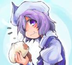  1girl bust eating gradient gradient_background hat letty_whiterock looking_at_viewer meatball purple_hair shinapuu short_hair simple_background solo steam tagme touhou violet_eyes 