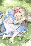  1girl apron blonde_hair blush book digital_media_player dress frills grass hairband kagerou_project kozakura_mary long_hair looking_at_viewer lying on_side outdoors red_eyes smile solo tears yeni 