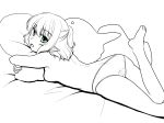  1girl ass back breasts gomi_(gomitin) green_eyes leg_up looking_at_viewer lying mizuhashi_parsee monochrome no_pants on_stomach open_mouth panties pillow pillow_hug pointy_ears sideboob smile solo spot_color topless touhou underwear underwear_only 
