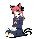  1girl alternate_costume animal_ears book bow braid cat_ears cat_tail extra_ears gomi_(gomitin) hair_bow kaenbyou_rin long_hair long_sleeves looking_at_viewer multiple_tails neckerchief pointy_ears school_uniform seiza serafuku simple_background sitting smile solo tail touhou twin_braids white_background 