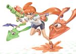  grin gun inkling long_hair miyo_(13th_floor) orange_eyes orange_hair pointy_ears smile splatoon squid twintails weapon 