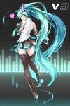  1girl absurdly_long_hair absurdres boots detached_sleeves from_behind green_eyes green_hair hatsune_miku headphones heart highres long_hair looking_back necktie see-through skirt solo takanashie thigh-highs thigh_boots twintails very_long_hair vocaloid 