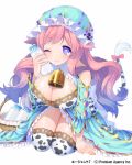  1girl animal_ears basket bell bottle breasts cleavage cow_bell cow_ears cow_girl cow_print cow_tail donacoo hat heart heart-shaped_pupils large_breasts long_hair looking_at_viewer milk_bottle official_art original pink_hair simple_background smile solo symbol-shaped_pupils tail tail_bow thigh-highs violet_eyes white_background 