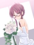  1girl akizuki_ritsuko bare_shoulders blush bouquet breasts bride brown_eyes brown_hair dress elbow_gloves flower glasses gloves highres idolmaster looking_at_viewer shuuichi smile solo wedding_dress white_gloves 