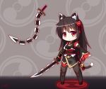  animal_ears black_hair cat_ears cat_tail chibi detached_sleeves japanese_clothes langbazi long_hair original red_eyes single_elbow_glove single_sleeve sword tail thigh-highs weapon 